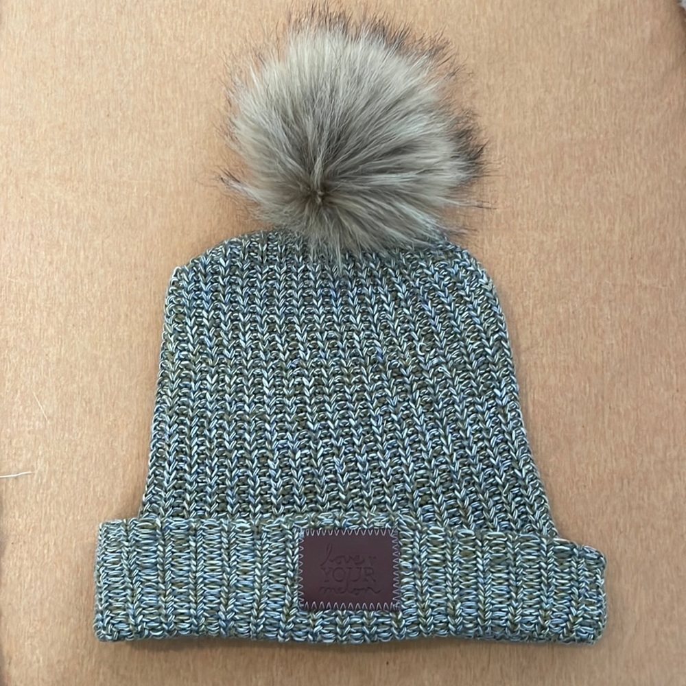 Oversized Love Your Melon Green, Blue, White & Brown Beanie with Pom
